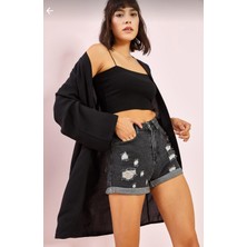 Dnz Kadın Siyah Düz Renk Uzun Kimono