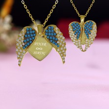 Turkuaz Beyaz Taşlı Kişiye Özel İsimli Melek Kanadı Gümüş Kolye