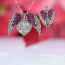 Kırmızı Beyaz Taşlı Kişiye Özel İsimli Melek Kanadı Gümüş Kolye