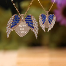 Safir Beyaz Taşlı Kişiye Özel İsimli Melek Kanadı Gümüş Kolye