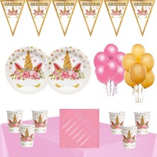 Parti Furyası Unicorn Çiçekli    Tema Doğum Günü Parti Seti Ekonomik Süsler 16 Kişilik