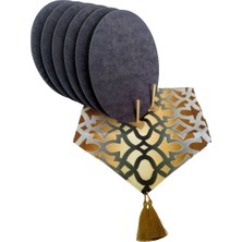 Ayşemce  Ottoman Osmanlı Desenli Runner & 6 Koyu Gri Renk Supla,