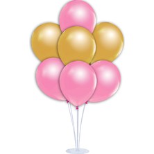 Süsle Bebek ve Parti Balon Standlı, 7 Adet - Metalik Pembe ve Altın Balon