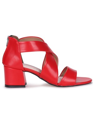 Potincim 038-31 Cilt 5 cm Topuk Fermuarlı Kadın Sandalet Ayakkabı Kırmızı
