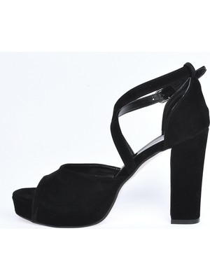 Potincim 3210-2058 Süet Abiye 11 cm Platform Topuk Kadın Sandalet Ayakkabı Siyah