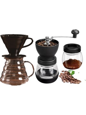 Grossberg Coffee V60 Dripper Cam Kahve Sürahisi Değirmen Set
