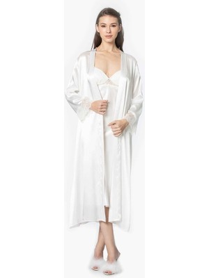 Pierre Cardin 2'li 4370 Ekru Bayan Saten Gecelik Sabahlık Takımı
