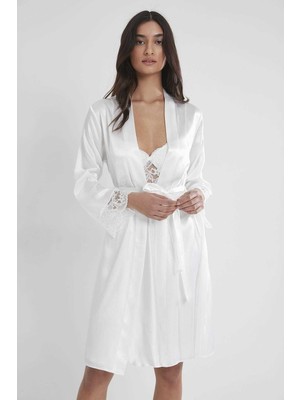 Pierre Cardin 2'lı 4265 Ekru Bayan Saten Gecelik Sabahlık Takımı