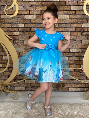 Neşeli Bebek Kız Çocuk Frozen Elsa Mavi Elbise