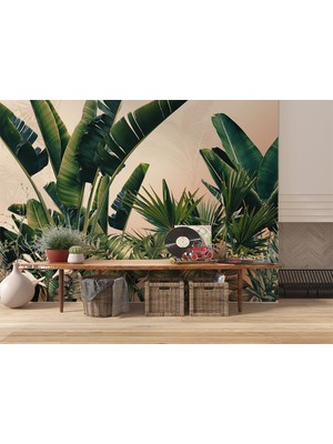 Özel Duvarlar Büyük Tropikal Ağaçlar ve Renkli Yapraklar Duvar Kağıdı