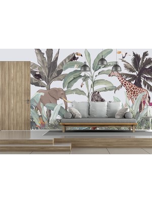 Özel Duvarlar Tropikal Ormanda Fil Zürafa Zebra Duvar Kağıdı