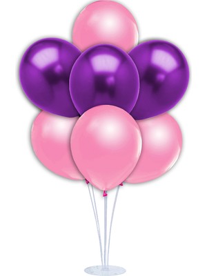 Süsle Bebek ve Parti Balon Standlı, 7 Adet - Metalik Pembe ve Mor Balon