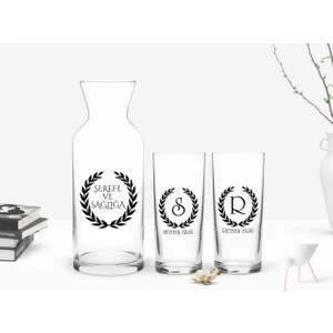 Kişiye Özel Renkli Baskılı Çelenk Baş Harfli İsimli 2'li Rakı Bardağı ve Karaf Seti-2