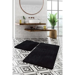 2'li  Siyah 100 x 60 cm - 50 x 60 cm Jel Kaymaz Taban Post Peluş Banyo Paspas Takımı