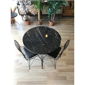 Ressa Home Rovena Balkon Masası -Mutfak Masa Takımı -Yuvarlak + 3 Sandalye Siyah Mermer Çap 90