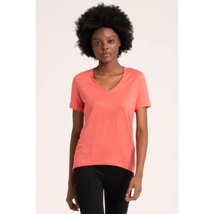 %100 Keten V Yaka Kadın Tişört, Logo Detaylı Coral Renk Tshirt