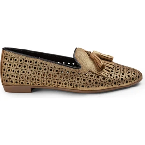 Hakiki Deri Altın Rengi Lazer Kesim Kadın Babet