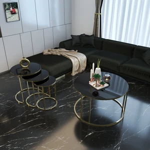 Kırılmaz Siyah Camlı Gold Metal Zigon ve Orta Sehpa "gold Takım Sehpa"