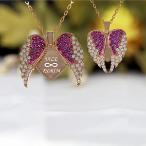 Kırmızı Beyaz Taşlı Kişiye Özel İsimli Melek Kanadı Gümüş Kolye