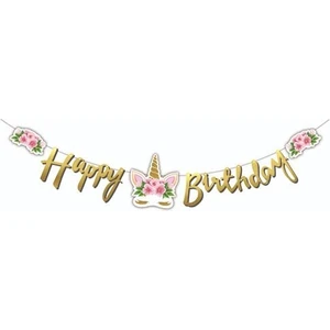 My Paper Craft Kaligrafi Banner Çiçekli Unıcorn Happy Bırhtday
