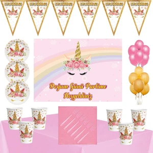 Parti Furyası Unicorn Çiçekli  Tema Doğum Günü Parti Seti  8 Kişilik Afişli Parti Seti