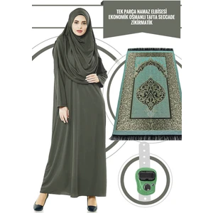 Tek Parça Namaz Elbisesi - Haki - 5015 & Seccade & Zikirmatik - Üçlü Takım