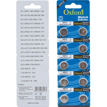 Oxford AG13 LR44 Düğme Pil 10’lu Paket Alkalin 1,55 Volt Kaliteli Saat
