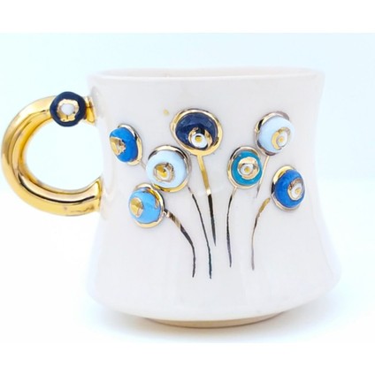 24 Ayar Altın Işlemeli Nazar Hayat Ağacı Desenli %100 El Yapımı Duble Türk Kahvesi Fincanı