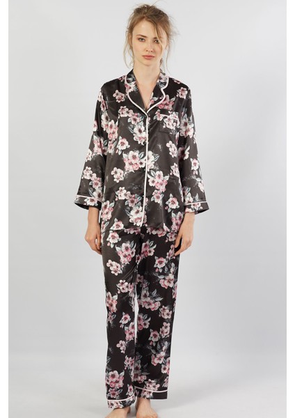 Saten Komple Düğmeli Uzun Kol Pijama Takım
