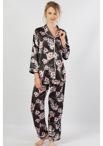 Saten Komple Düğmeli Uzun Kol Pijama Takım