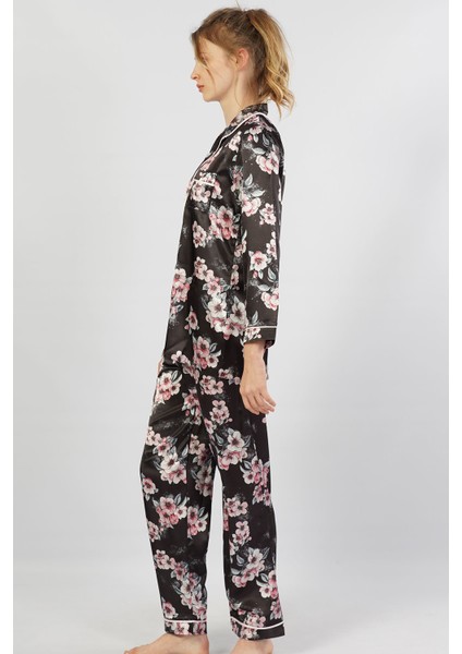 Saten Komple Düğmeli Uzun Kol Pijama Takım