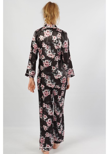 Saten Komple Düğmeli Uzun Kol Pijama Takım