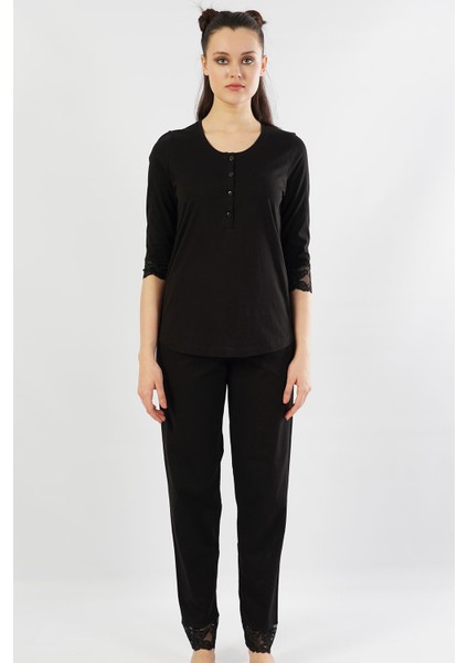 Pamuklu 3/4kol Dantelli Pijama Takım