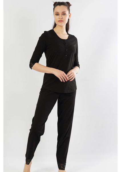 Pamuklu 3/4kol Dantelli Pijama Takım