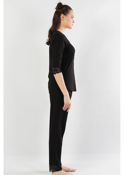 Pamuklu 3/4kol Dantelli Pijama Takım