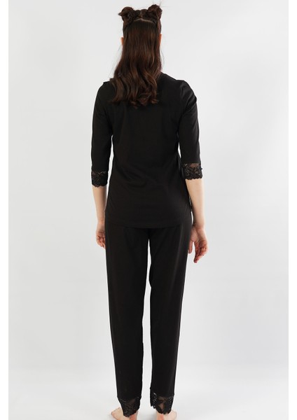 Pamuklu 3/4kol Dantelli Pijama Takım