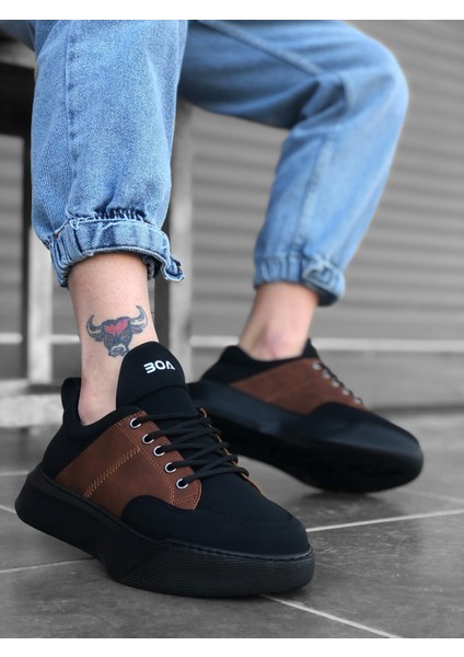 ER0163 Bağcıklı Erkek Yüksek Taban Siyah Taba Spor Ayakkabı