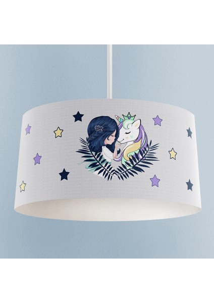 Sevimli Unicorn ve Prenses Desenli Çocuk Odası Sarkıt Avize