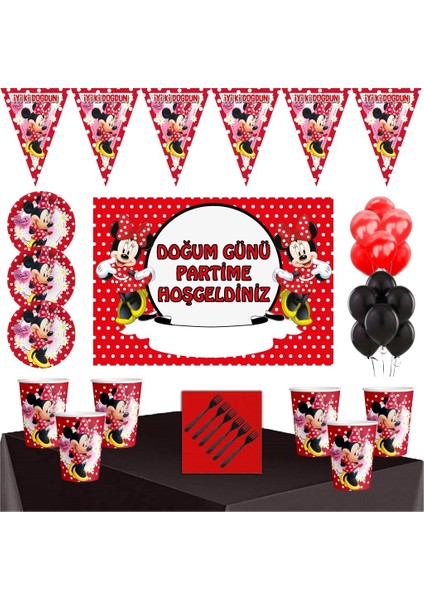 Kırmızı Minnie Mouse Tema 16 Kişilik Afişli Parti Seti