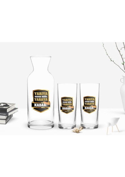 Kişiye Özel Renkli Baskılı Yarıya Kadar Değil Yaraya Kadar Tasarımlı 2'li Rakı Bardağı ve Karaf Seti-5