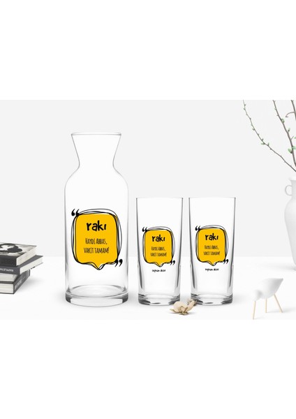 Kişiye Özel Renkli Baskılı Haydi Abbas Vakit Tamam Tasarımlı 2'li Rakı Bardağı ve Karaf Seti