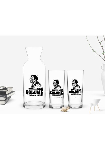 Kişiye Özel Renkli Baskılı Çünkü Sen Çölüme Yağmur Oldun Tasarımlı 2'li Rakı Bardağı ve Karaf Seti-9