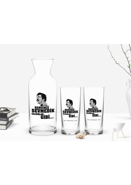 Kişiye Özel Renkli Baskılı Hangimiz Sevmedik Çılgınlar Gibi Tasarımlı 2'li Rakı Bardağı ve Karaf Seti-3