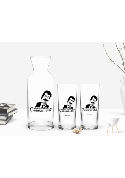Kişiye Özel Renkli Baskılı Hangimiz Sevmedik Çılgınlar Gibi Tasarımlı 2'li Rakı Bardağı ve Karaf Seti-1