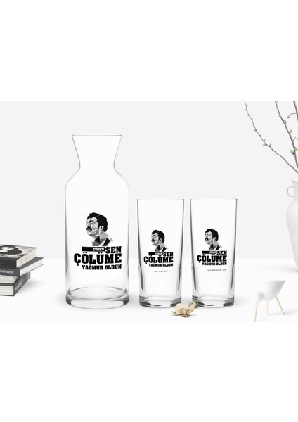 Kişiye Özel Renkli Baskılı Çünkü Sen Çölüme Yağmur Oldun Tasarımlı 2'li Rakı Bardağı ve Karaf Seti-5