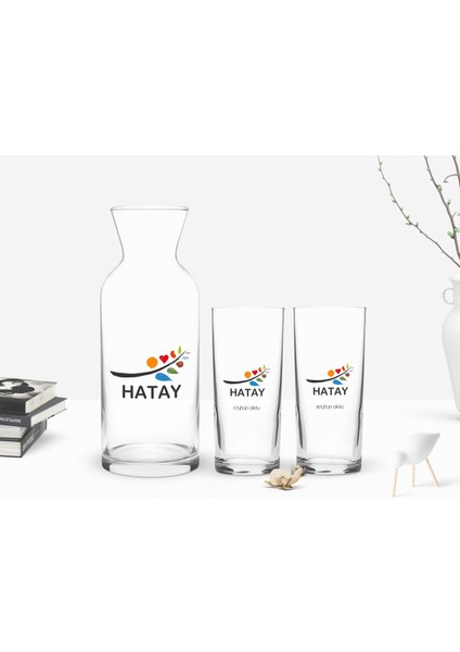 Kişiye Özel Renkli Baskılı Hatay Tasarımlı Turistik 2'li Rakı Bardağı ve Karaf Seti-1