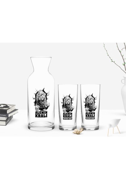 Kişiye Özel Renkli Baskılı Alemin Kralı Tasarımlı 2'li Rakı Bardağı ve Karaf Seti-1