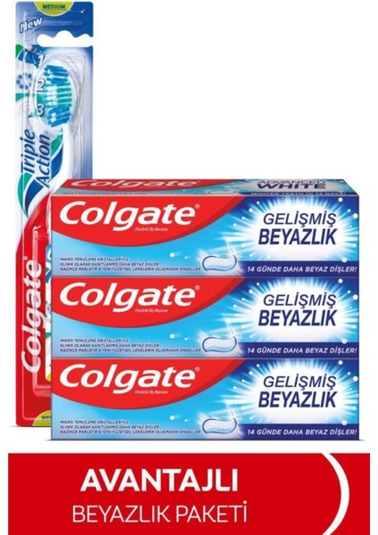 Diş Macunu Gelişmiş Beyazlık 3 x 75 Ml, Üçlü Etki Orta Diş Fırçası