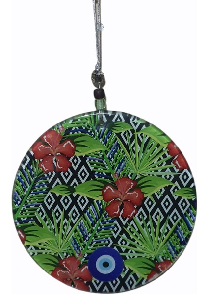 Kırmızı Çiçek Desenli 15x15 Cm Füzyon Cam Hediyelik Eşya Duvar Süsü