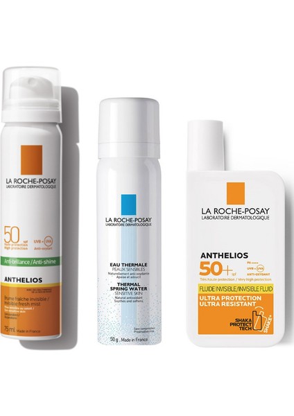 Yüz Için Çok Yüksek Uva Korumalı Güneş Koruyucu 50 ml + Anthelios Parlama Karşıtı Güneş Kremi SPF50 Mist 75 ml + Termal Su 50 ml